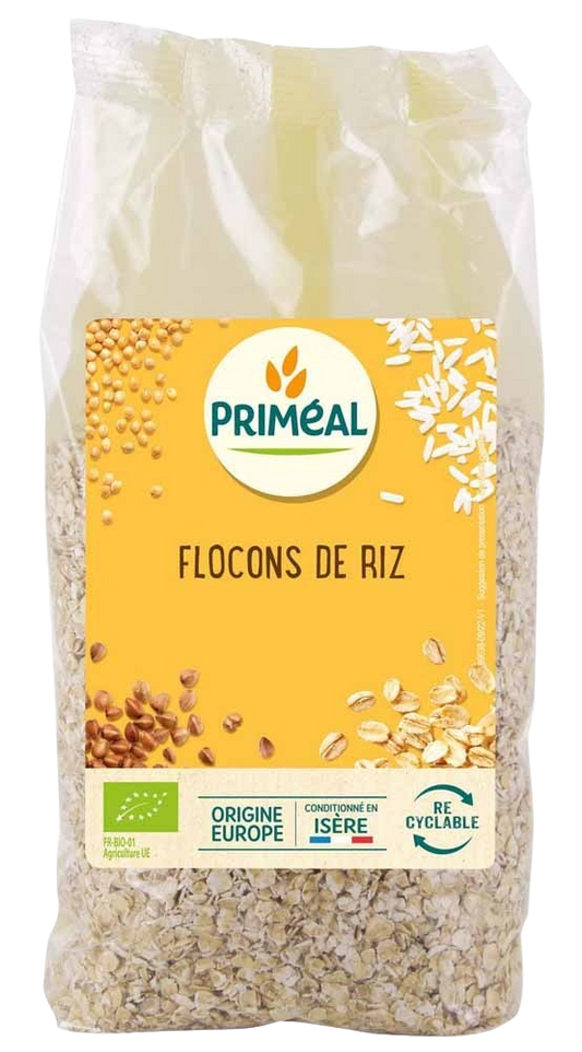 Primeal bio rice flakes in a 500g package, natural gluten-free cereal for breakfast or baking.