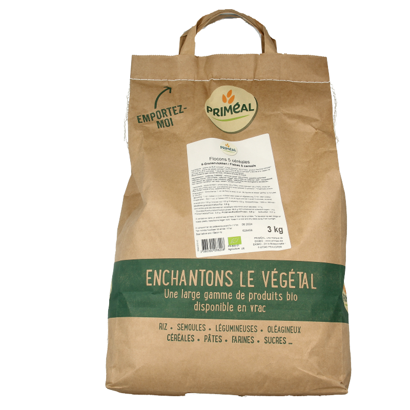Primeal 5 Granen bio breakfast cereal in a 3kg package, showing a bowl of mixed organic grain flakes.