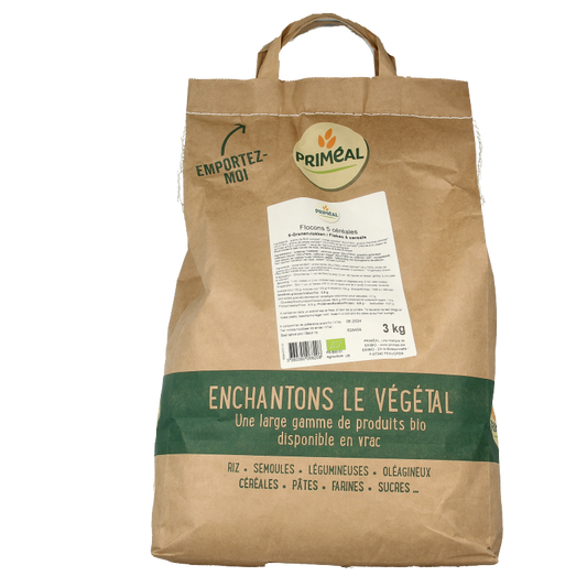 Primeal 5 Granen bio breakfast cereal in a 3kg package, showing a bowl of mixed organic grain flakes.