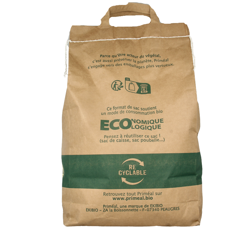 Primeal 5 Granen bio ontbijtgranen in 3 kg package, showing a bowl of mixed multigrain flakes with fresh ingredients.