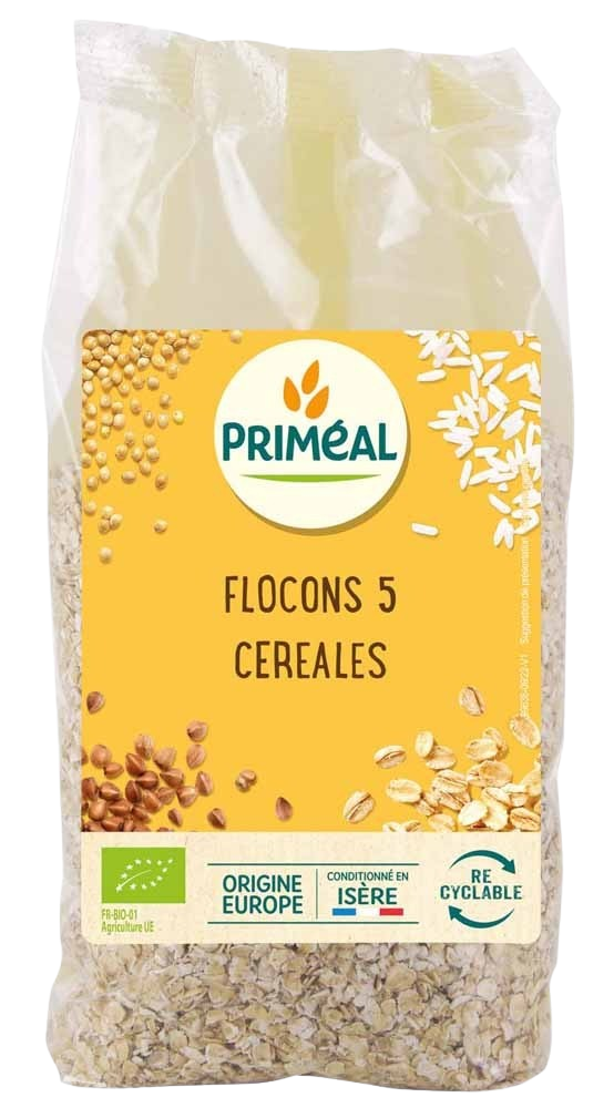 Primeal Cereals 5 Flakes bio breakfast grains in a 500g package, featuring a mix of natural organic cereal flakes.