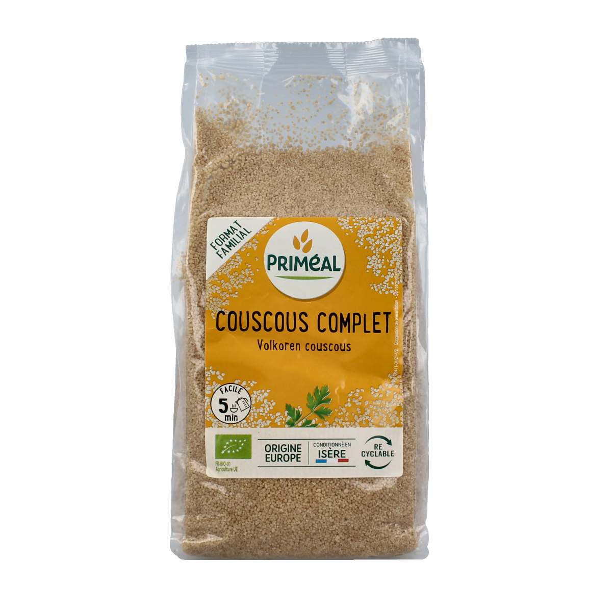 Primeal volkoren bio couscous in a 1kg package, natural whole grain pasta and rijst product with a beige couscous appearance.