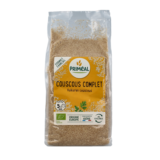 Primeal volkoren bio couscous in a 1kg package, natural whole grain pasta and rijst product with a beige couscous appearance.