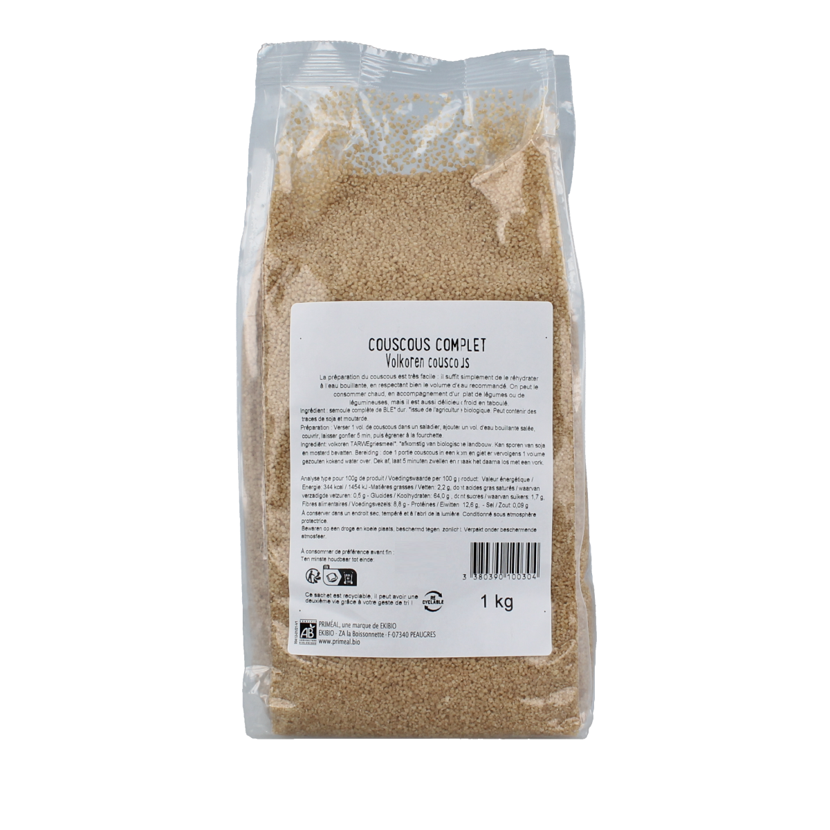 Whole grain organic couscous from Primeal, a 1kg package of pasta and rice product, with a textured appearance and golden color.