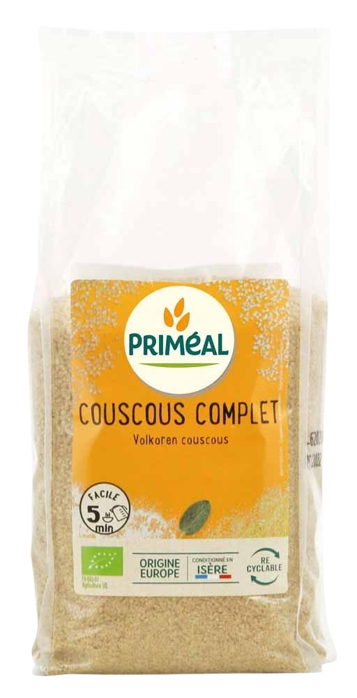 Whole wheat organic couscous by Primeal, 500 grams, showcasing a bowl of cooked couscous with fresh herbs and vegetables.