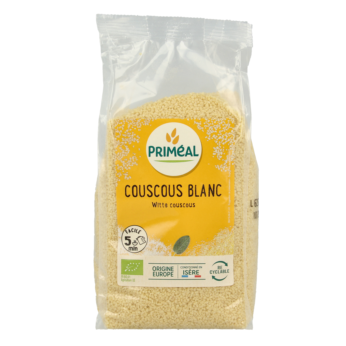 Primeal organic couscous pasta in 500g package, showcasing fluffy, light grains suitable for diverse dishes