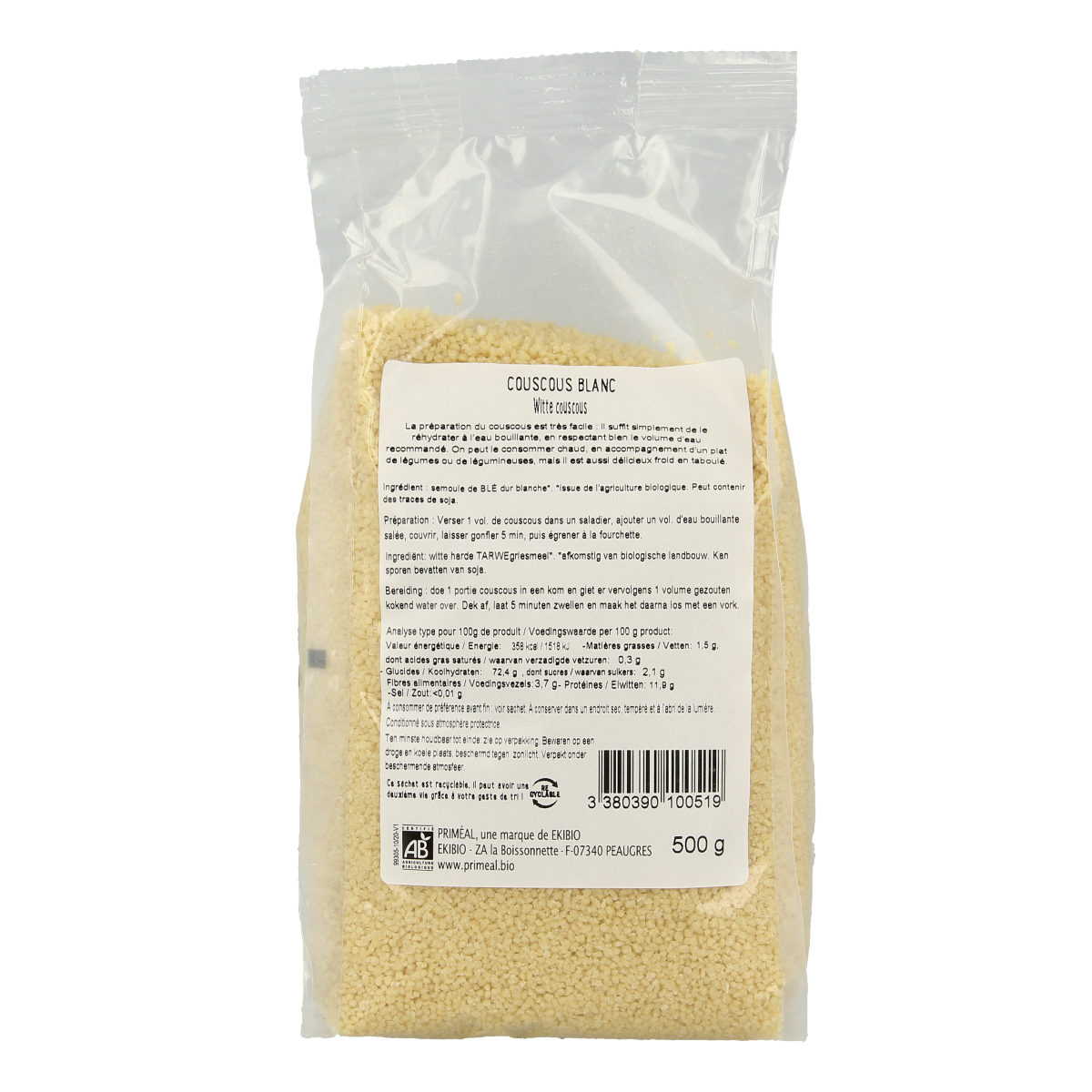 Primeal organic couscous pasta in a 500g package, featuring small, light grains ideal for Mediterranean dishes.
