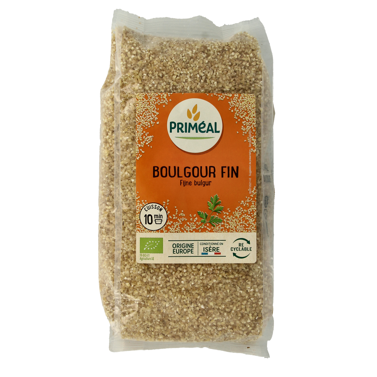 Primeal bio bulgur fijn in 500g package, showing the packaged product with branding and clear label for pasta and rice.