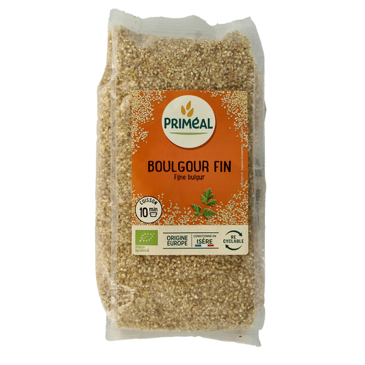 Primeal bio bulgur fijn in 500g package, showing the packaged product with branding and clear label for pasta and rice.