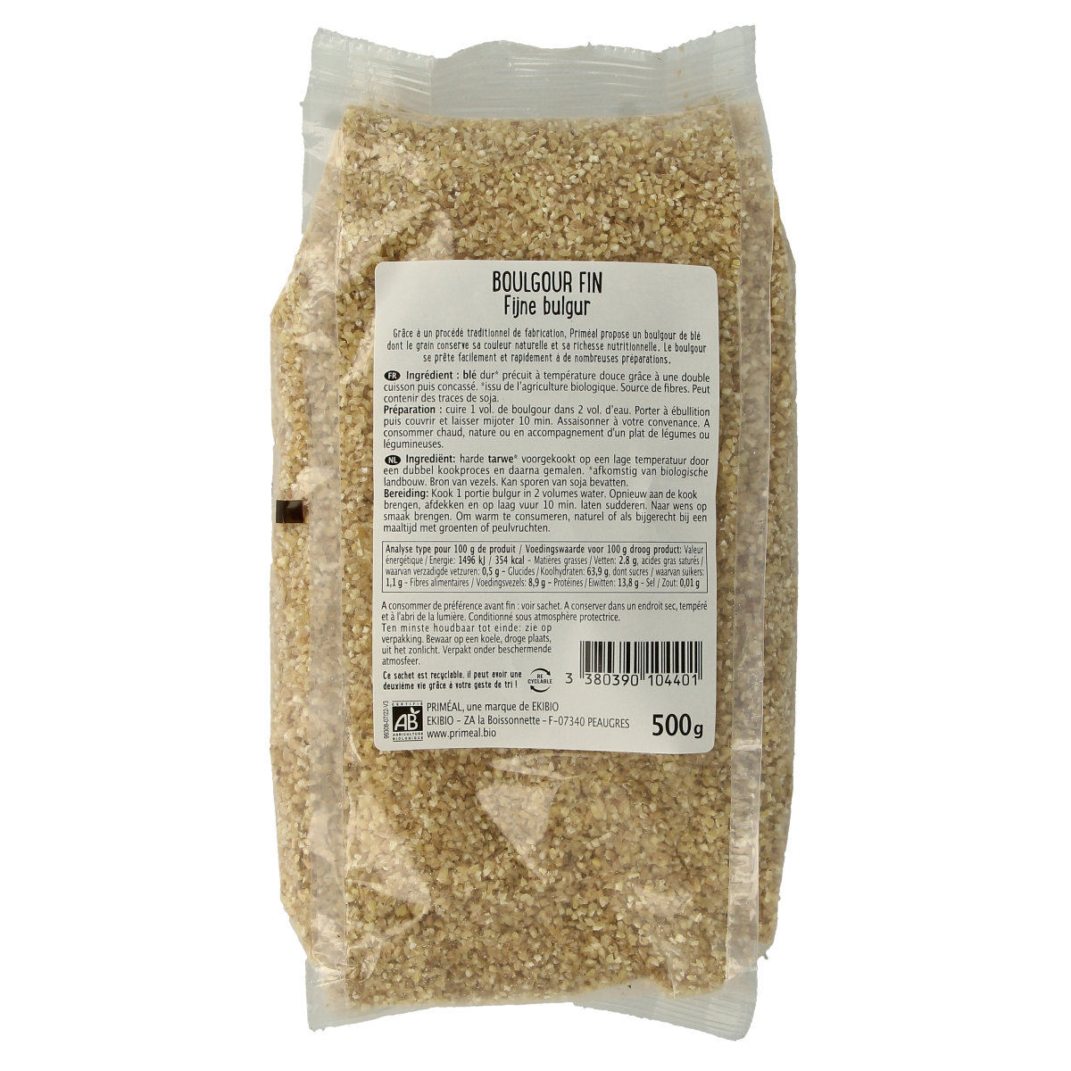 Primeal bio bulgur fijn in a 500g package, a natural whole grain pasta and rice product for healthy meals.