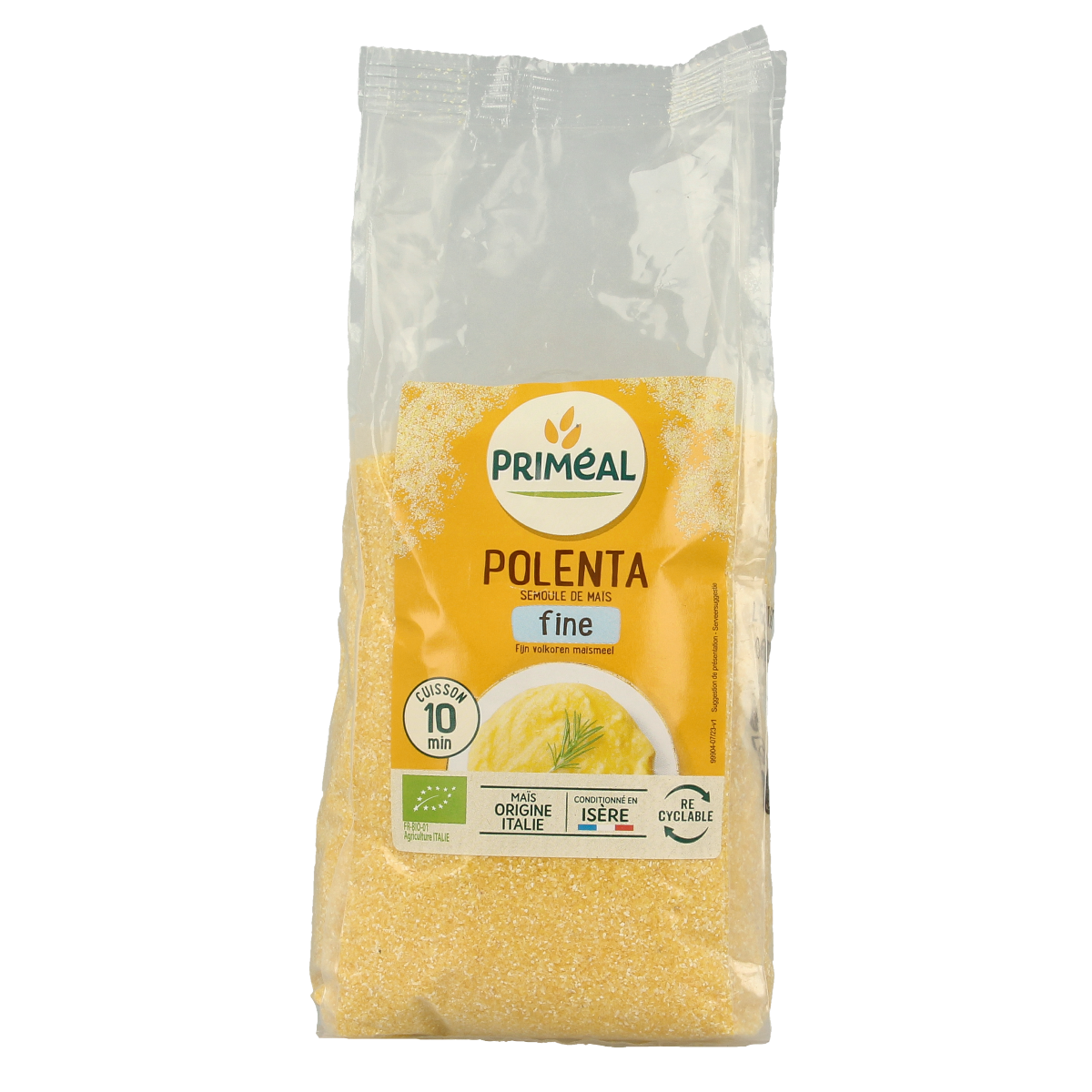 Primeal organic fine cornmeal polenta in 500g bag, natural whole grain maize flour for baking and cooking.