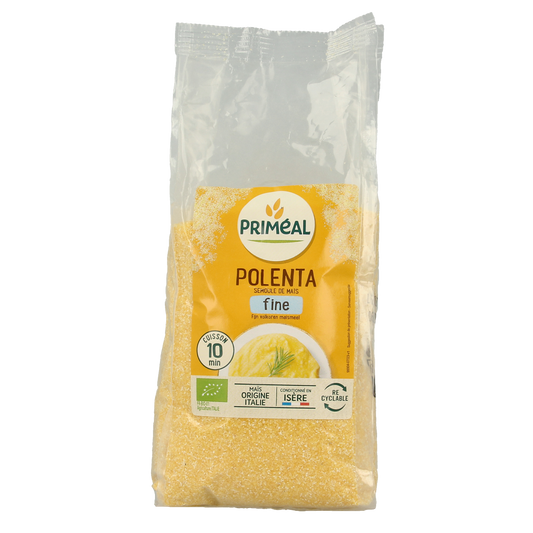 Primeal organic fine cornmeal polenta in 500g bag, natural whole grain maize flour for baking and cooking.