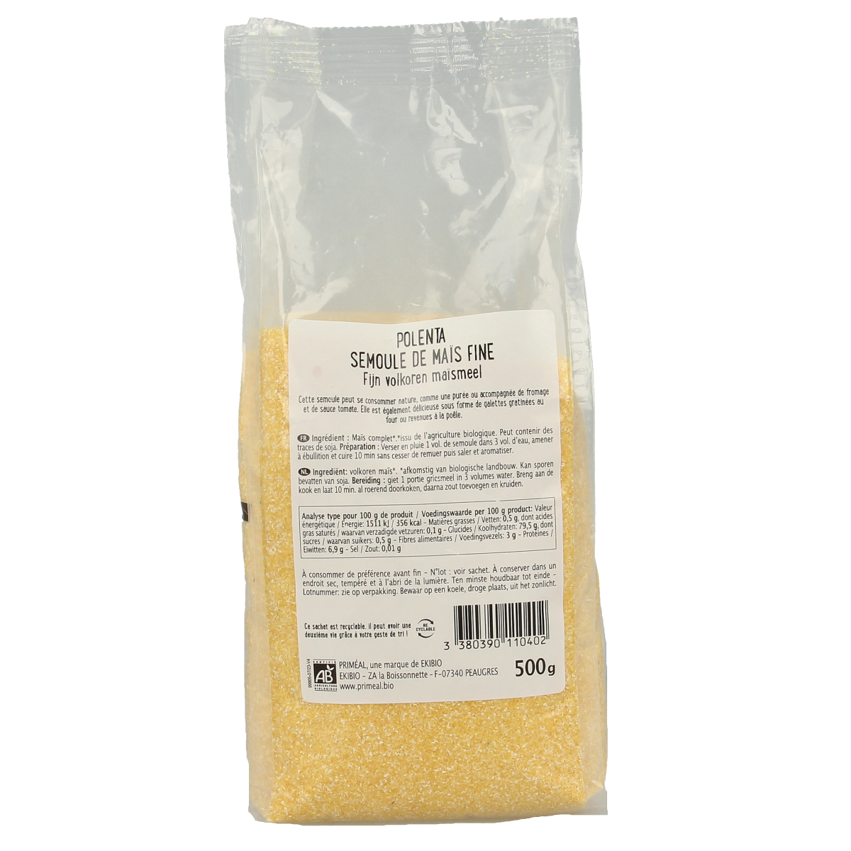 Primeal organic fine cornmeal polenta in 500g package, suitable for baking and cooking, natural and whole grain.