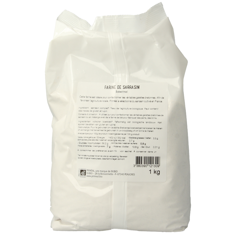 Organic buckwheat flour from Primeal, 1 kilogram, in a natural packaging, used for baking and gluten-free recipes.