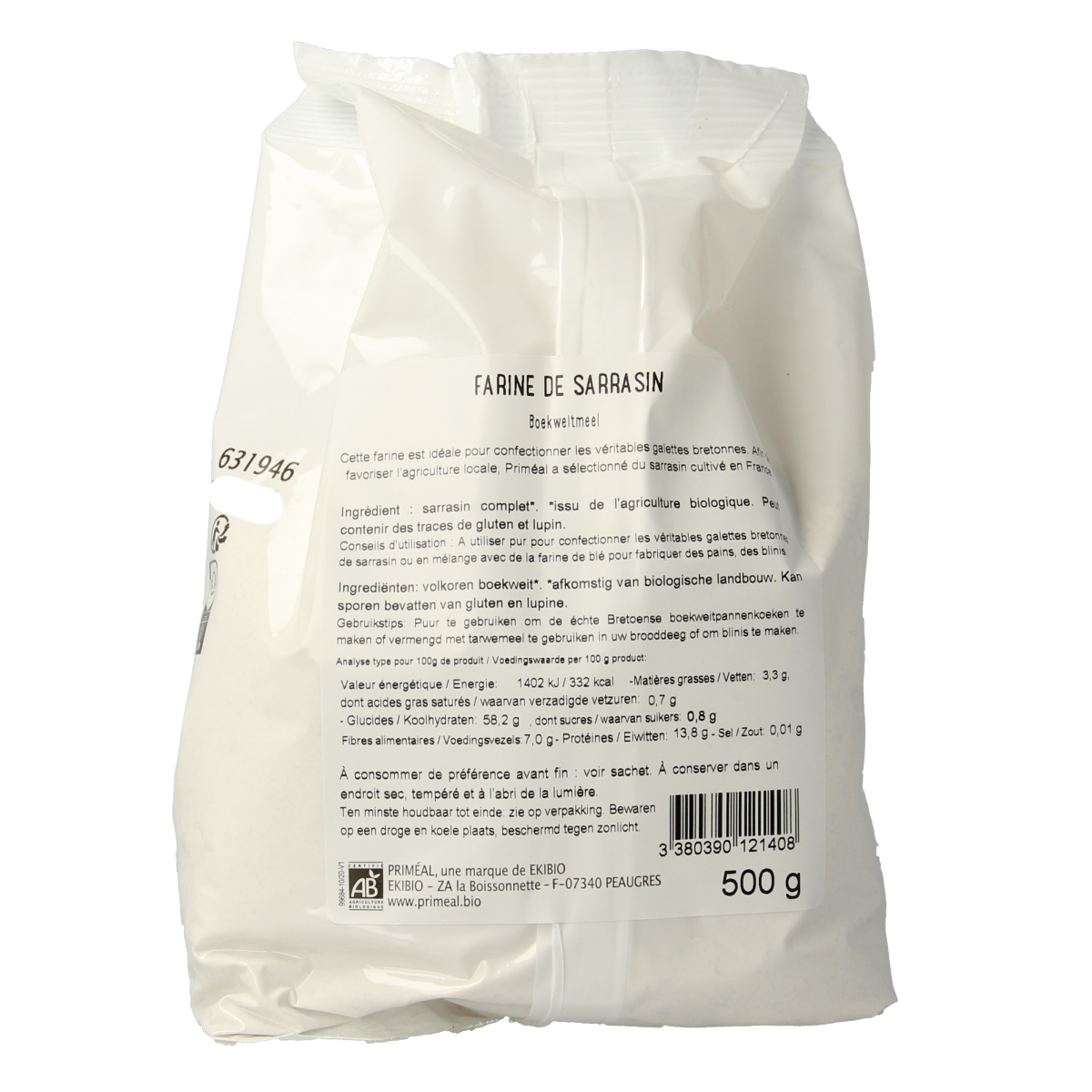 Primeal organic whole grain buckwheat flour in a 500g package, used for baking and gluten-free recipes.