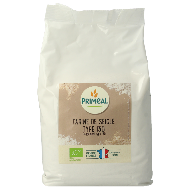 Primeal Roggemeel bio 130 bakmix with 1kg bag, natural whole grain flour for baking and cooking.