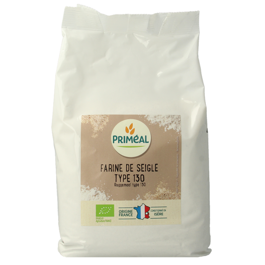 Primeal Roggemeel bio 130 bakmix with 1kg bag, natural whole grain flour for baking and cooking.