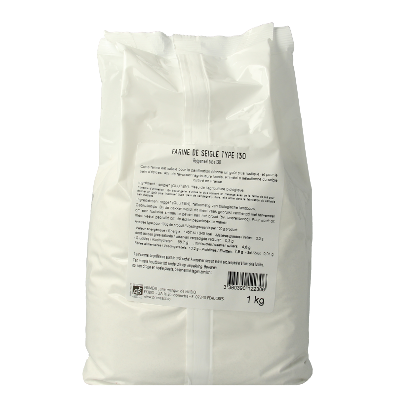 Primeal Roggemeel type 130 bio, 1 kg, gluten-free baking mix and flour from Primeal, with a close-up of the packaging and product label.