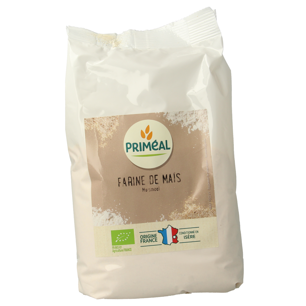 Primeal bio maize flour in 500g package, natural gluten-free baking mix, showing a bag of Primeal Maismeel bio on white background.