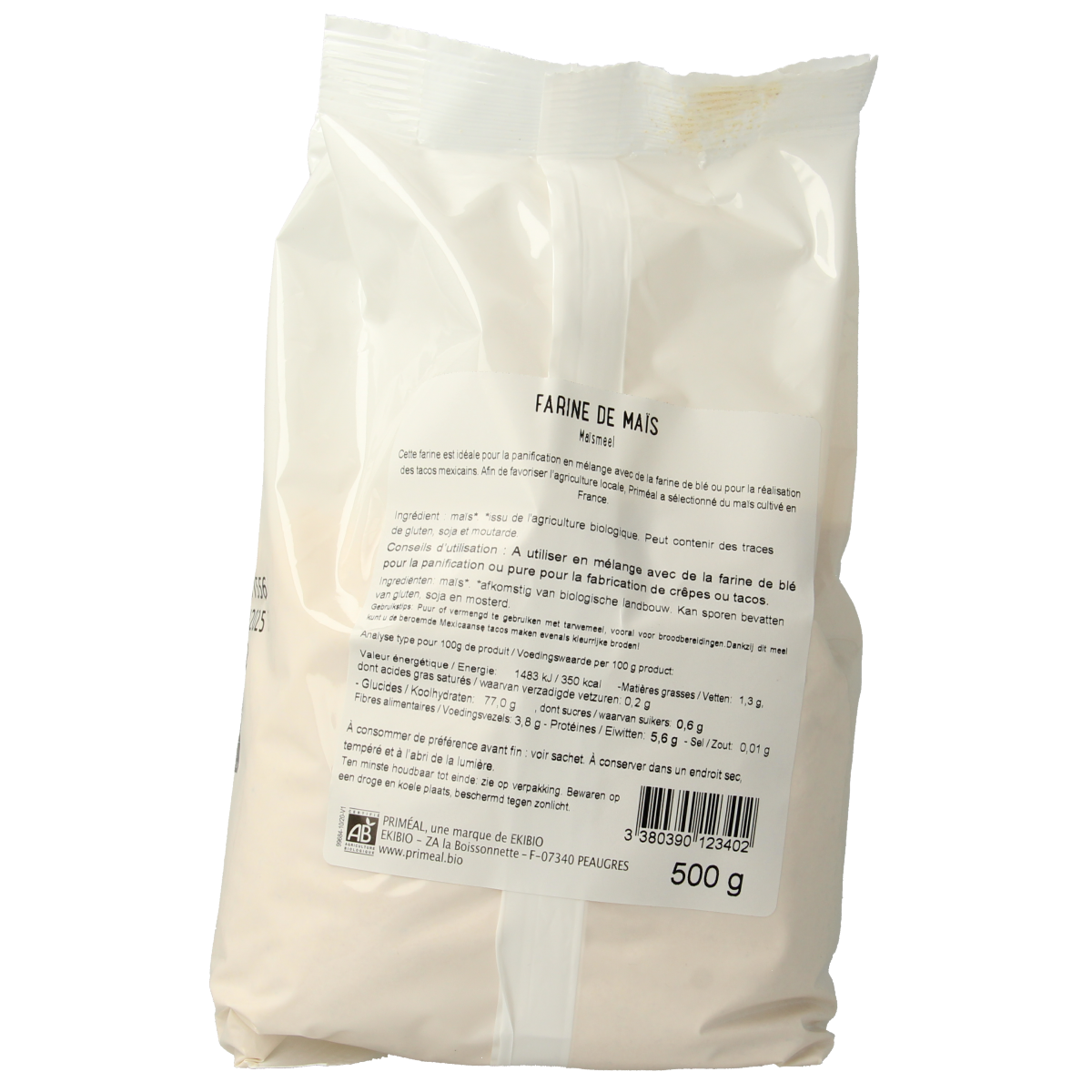 Primeal bio maize flour in a 500g package, natural gluten-free baking ingredient for cooking and baking.