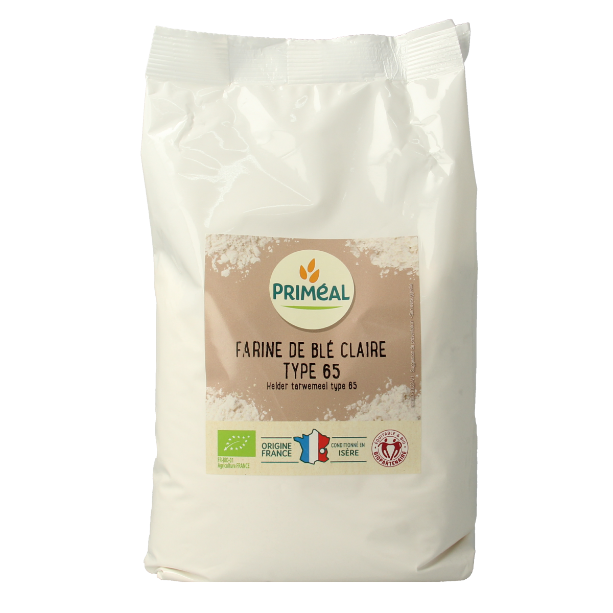 Primeal Tarwemeel helder borsa type 65 organic wheat flour in 1kg bag, ideal for baking and baking mixes.