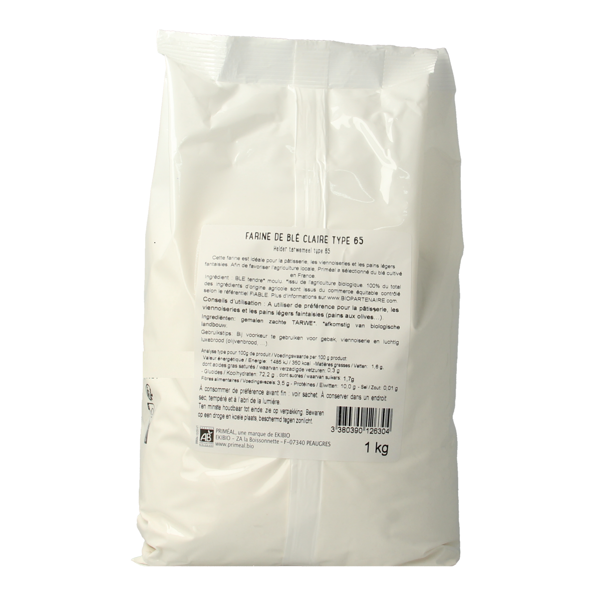 Primeal Tarwemeel helder borsa type 65 bio, 1 kg, organic wheat flour for baking and cooking.