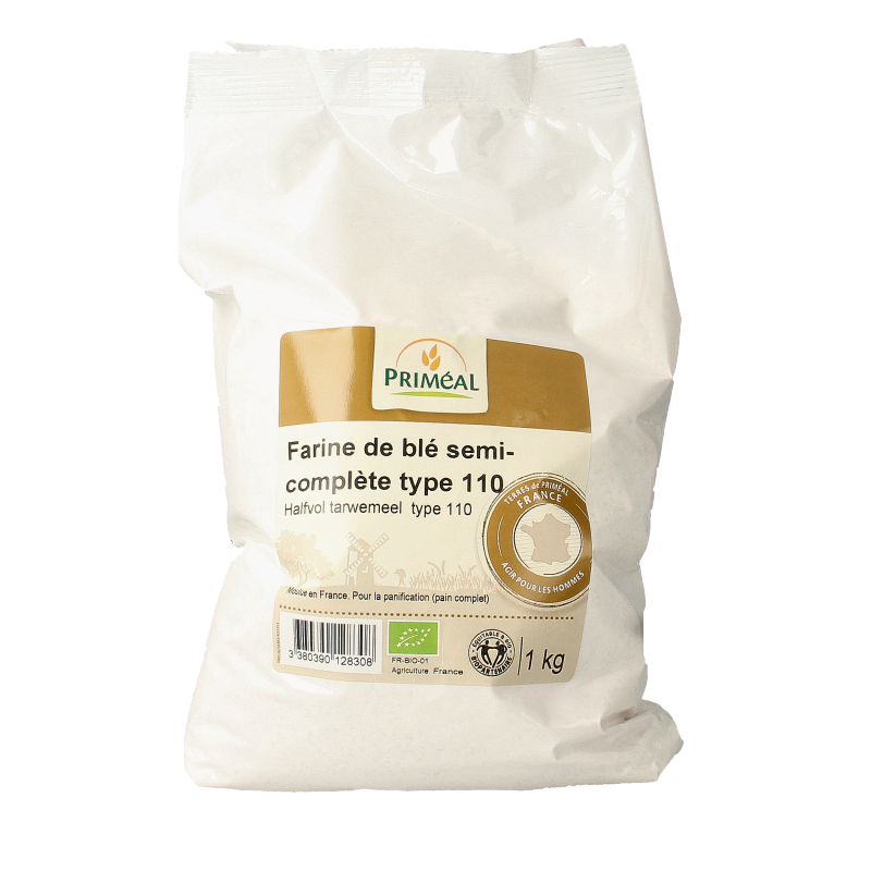 Primeal half volkoren tarwemeel in 1 kg bag, organic whole wheat flour for baking and cooking.