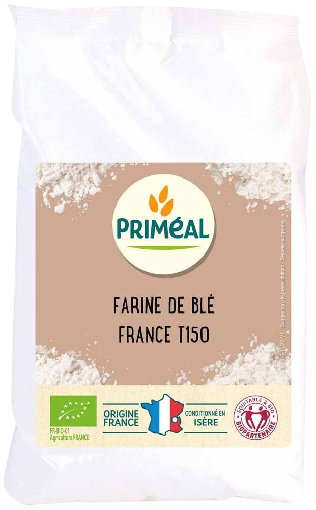 Primeal volkoren tarwemeel in 1 kg bag, organic whole wheat flour for baking and cooking.