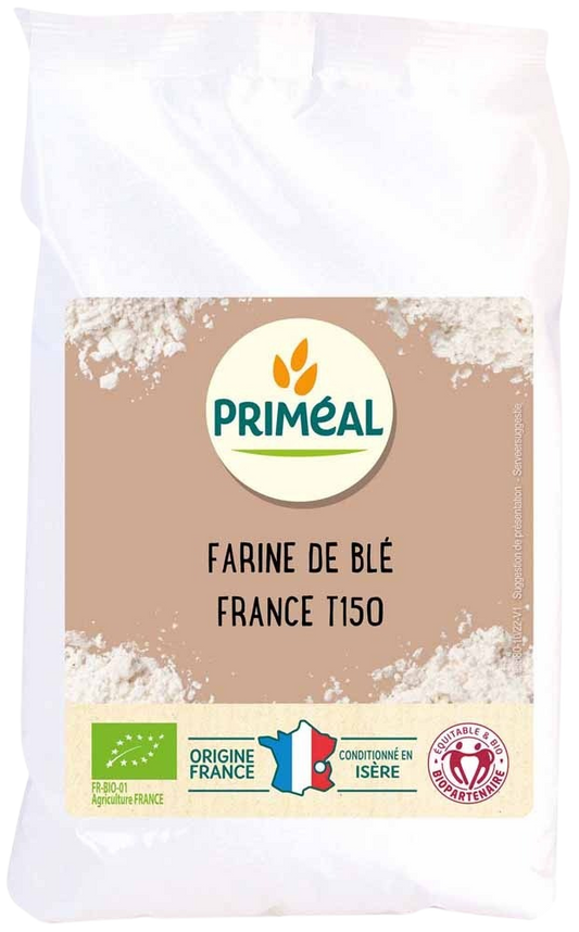 Primeal volkoren tarwemeel in 1 kg bag, organic whole wheat flour for baking and cooking.