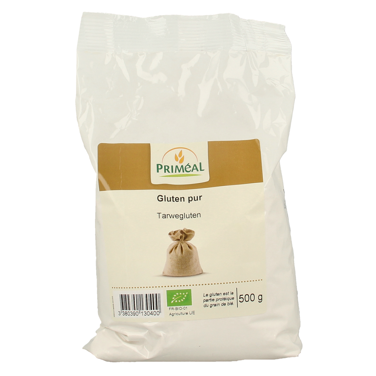 Primeal Tarwegluten bio 500g organic breakfast grains in a clear bag with wheat kernels and label details.