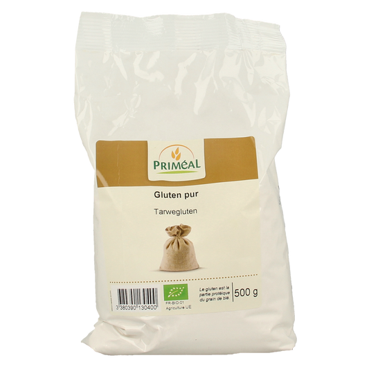 Primeal Tarwegluten bio 500g organic breakfast grains in a clear bag with wheat kernels and label details.
