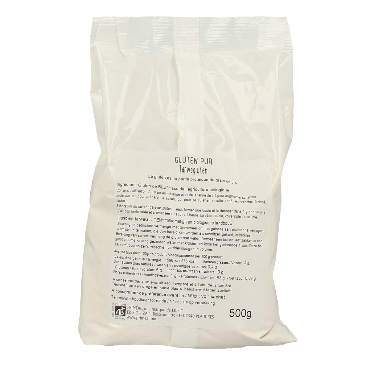 Primeal Tarwegluten bio breakfast grains in a 500g package, showing the natural wheat gluten product.