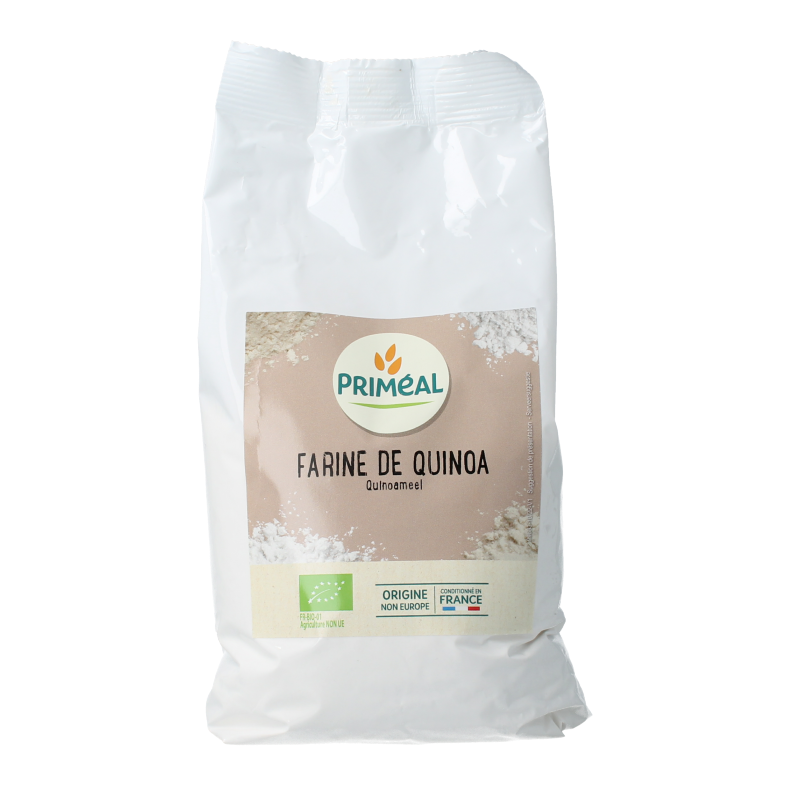 Organic Primeal quinoa flour in a 500g package, ideal for baking and cooking with gluten-free, nutritious ingredients.