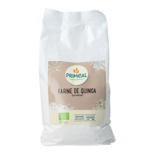 Organic Primeal quinoa flour in a 500g package, ideal for baking and cooking with gluten-free, nutritious ingredients.