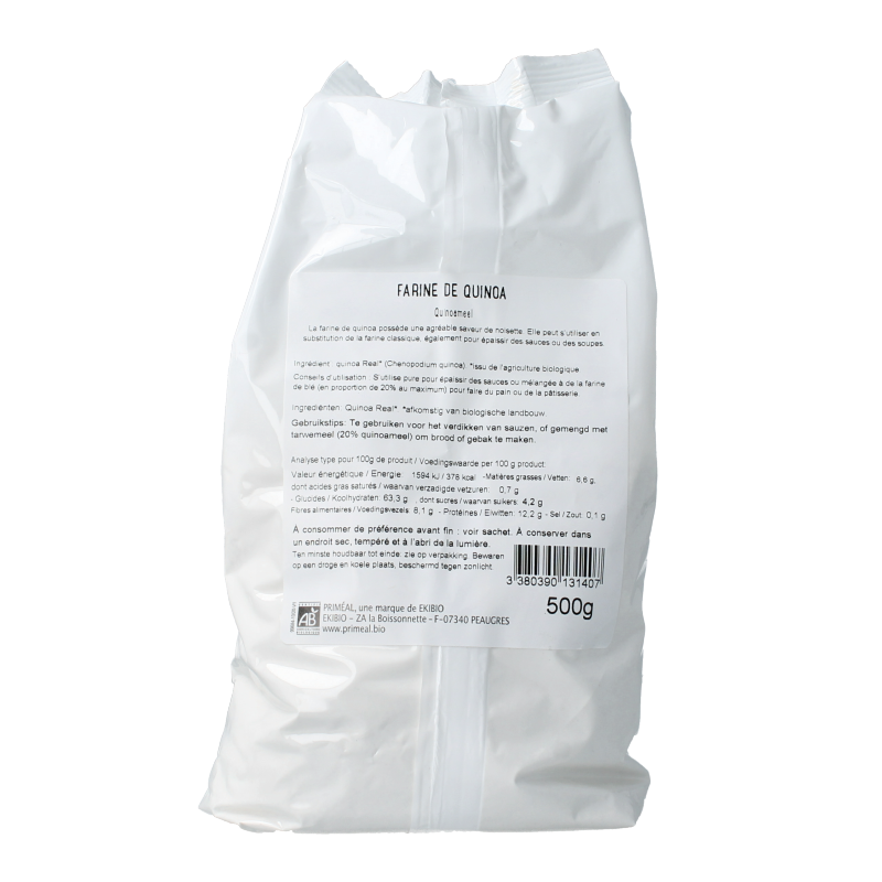 Primeal organic quinoa flour in a 500g bag, suitable for baking and gluten-free recipes.