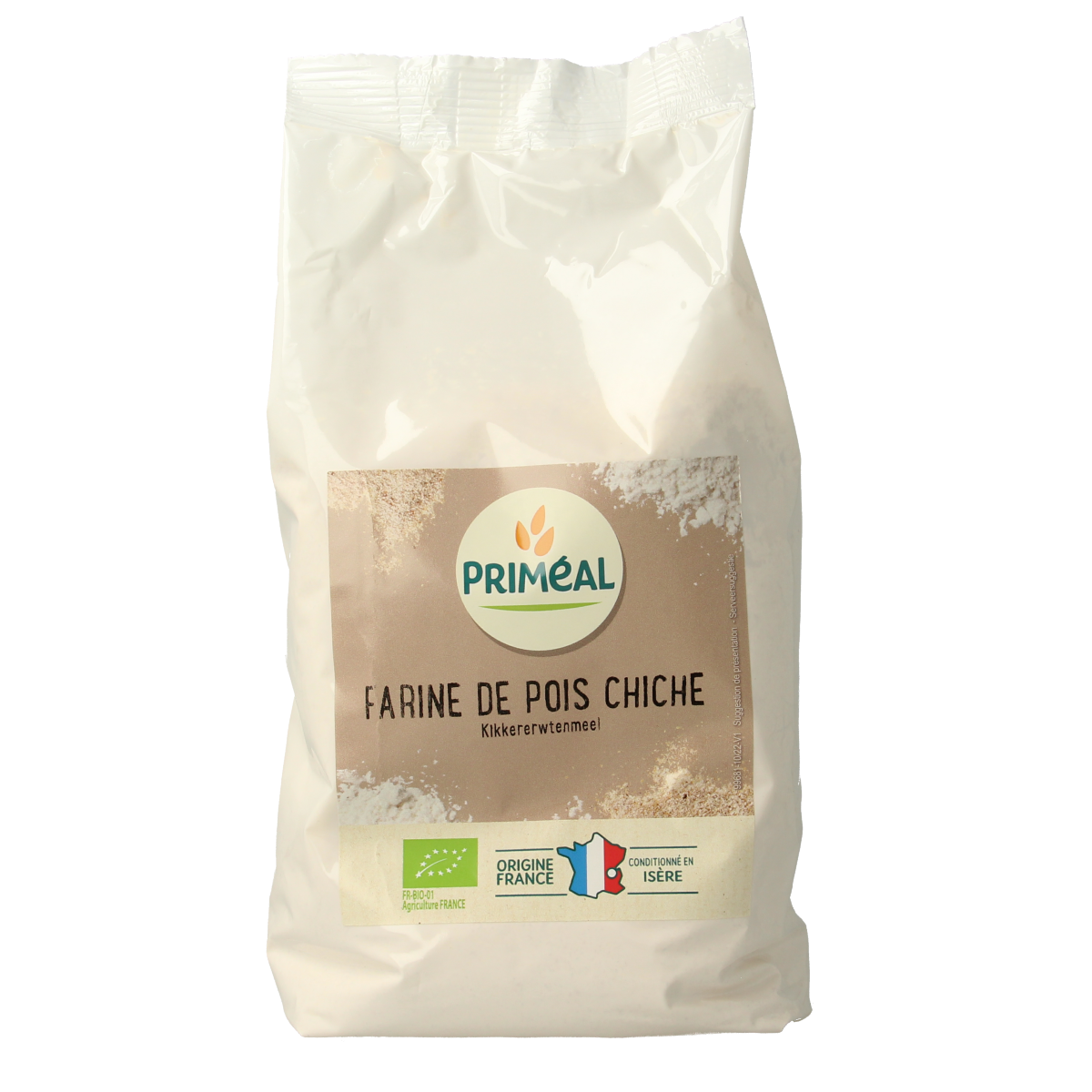 Primeal bio kikkererwtenmeel in 500g package, natural chickpea flour for baking and cooking, from Primeal brand.