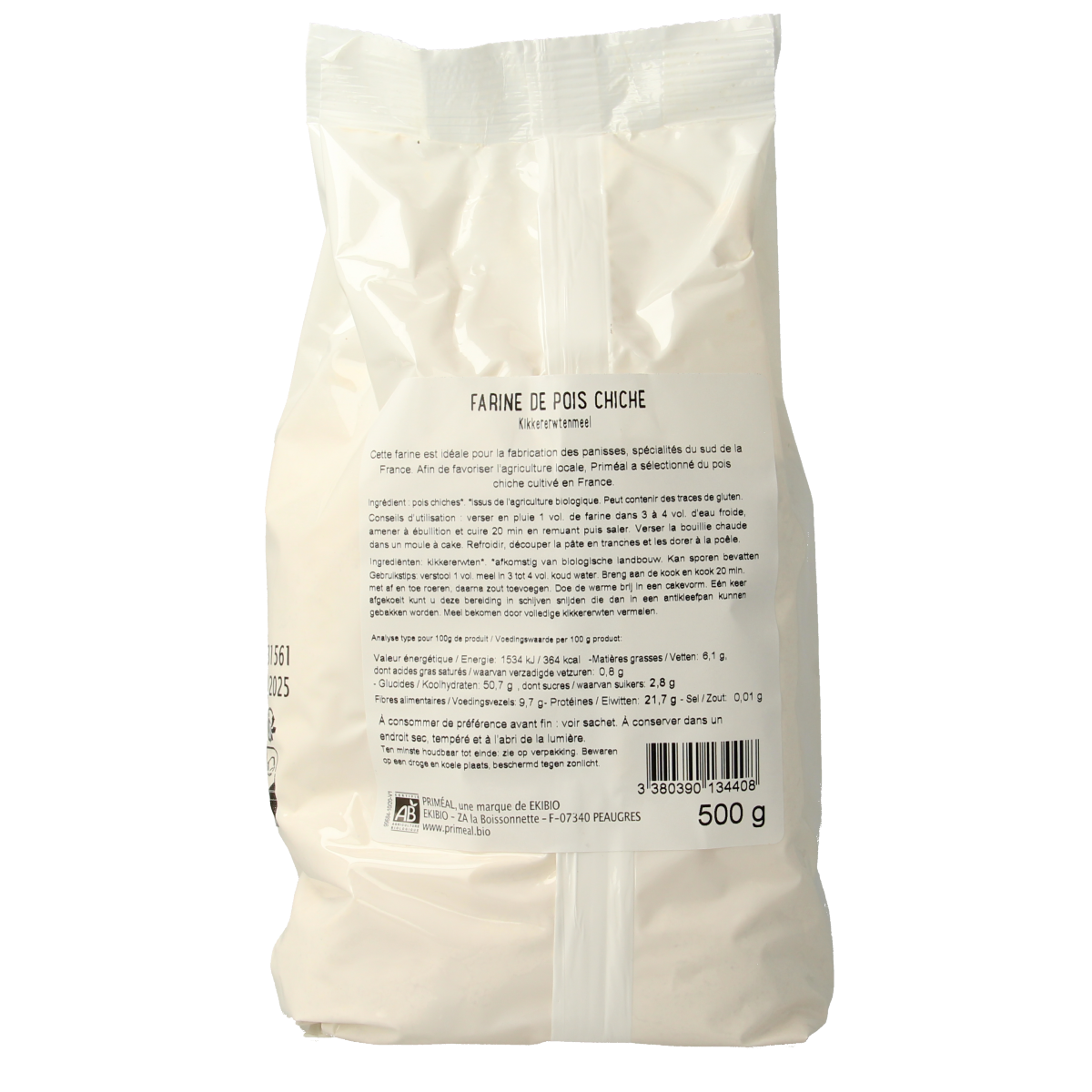 Primeal organic chickpea flour in a 500g package, used for baking and cooking, shown in a clear product image.