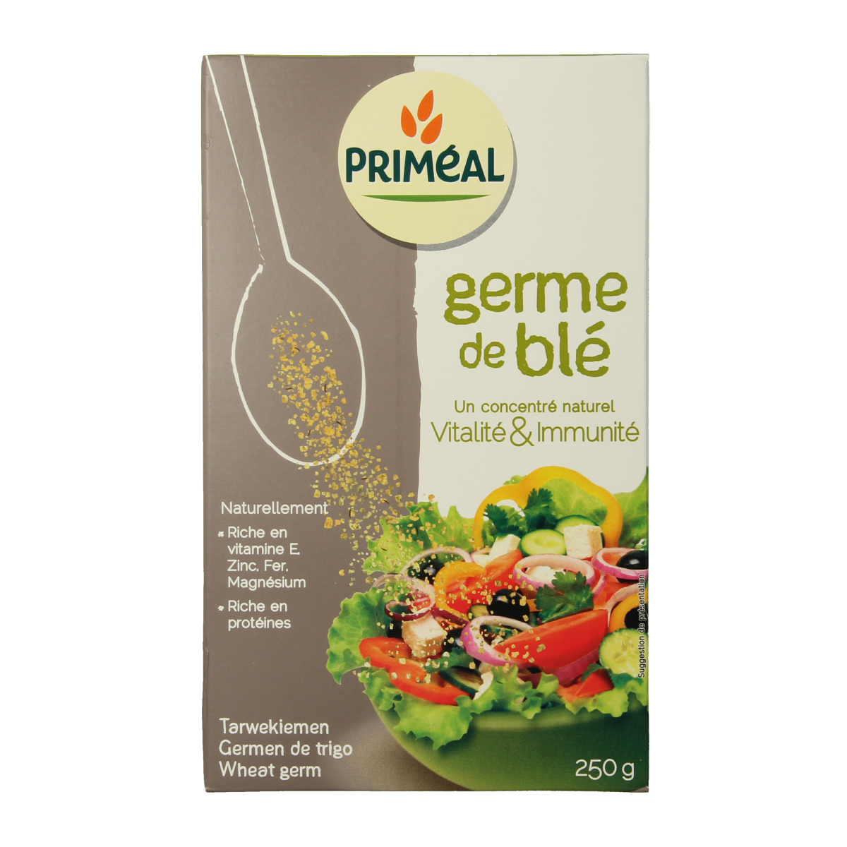 Primeal Tarwekiemen in 250g package, raw superfood with wheat germ and nutrient-rich grains, displayed in a clear container.
