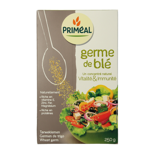 Primeal Tarwekiemen in 250g package, raw superfood with wheat germ and nutrient-rich grains, displayed in a clear container.