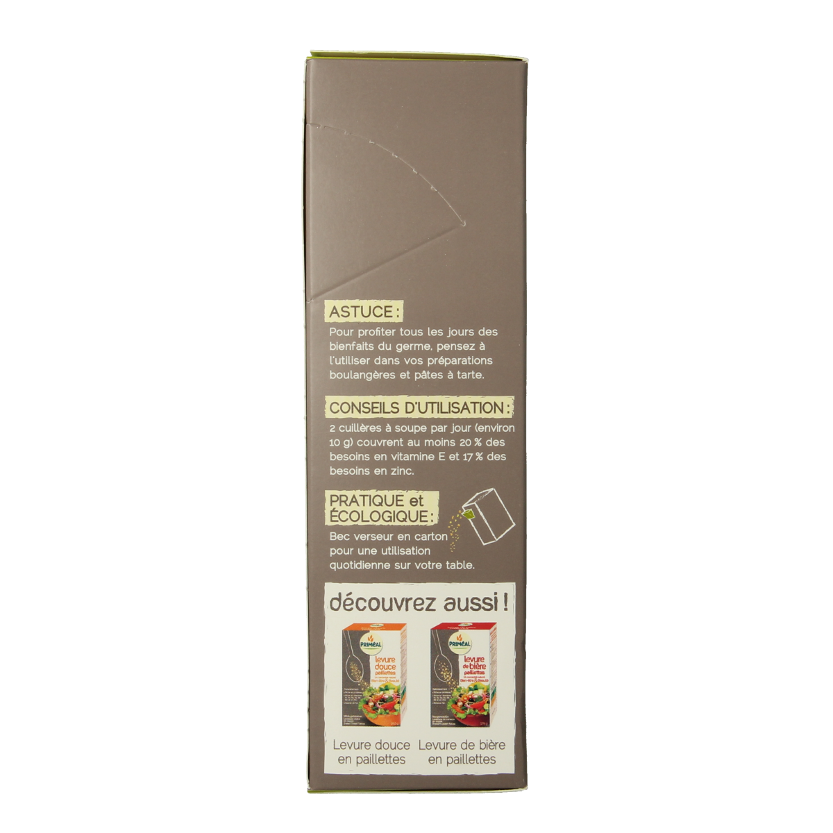 Primeal Tarwekiemen, 250g, raw superfood, close-up of golden wheat germ in a clear container