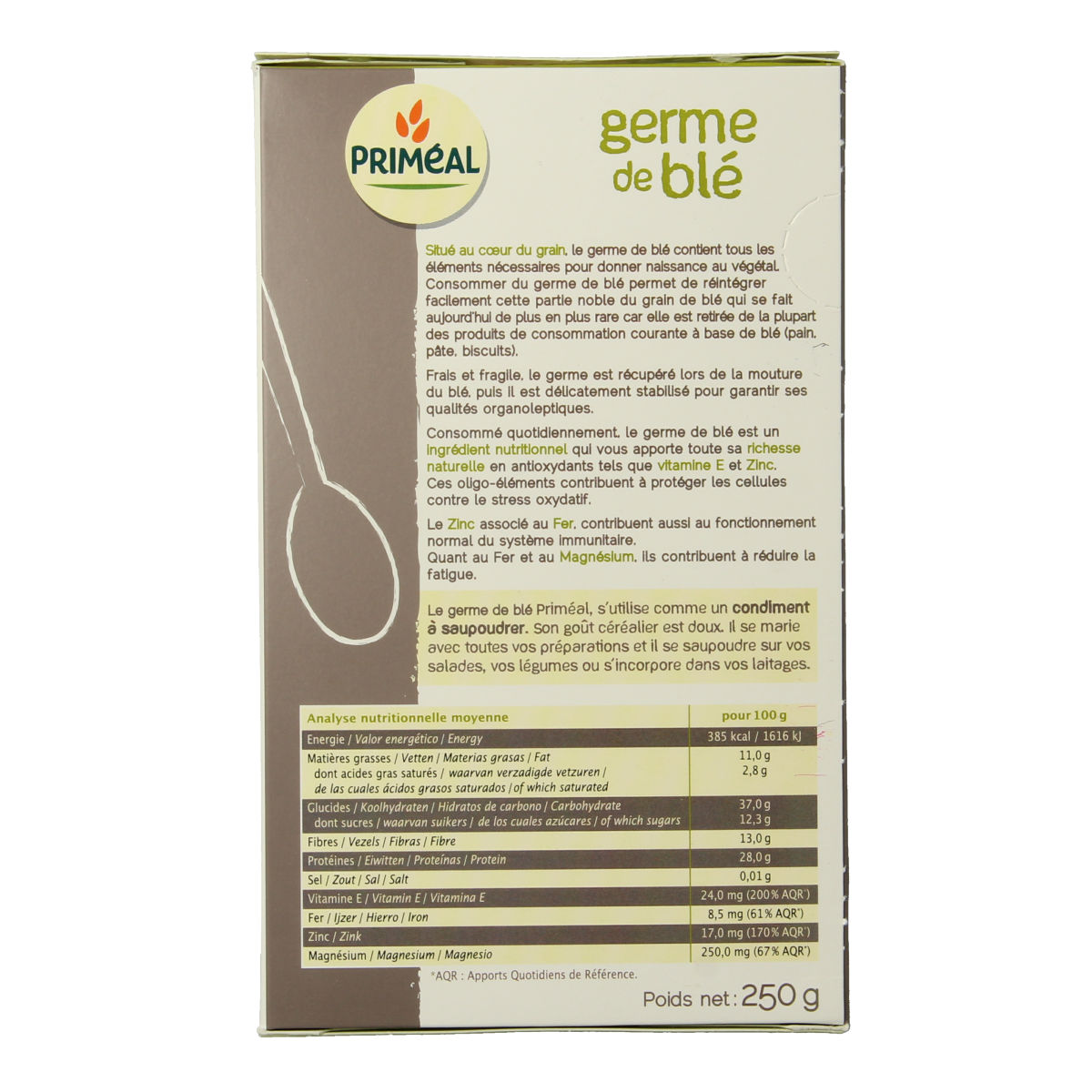 Primeal Tarwekiemen raw superfoods in a 250g package, showing green wheat germ flakes on the product label.