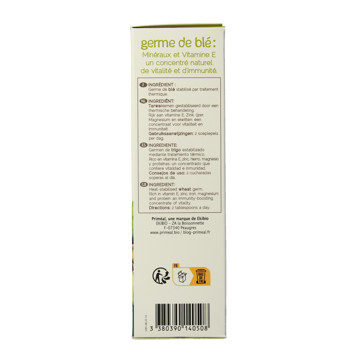 Primeal Tarwekiemen in a 250g package, raw superfood wheat germ, shown in a clear image.