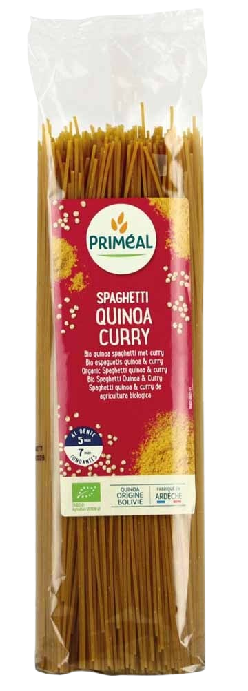 Primeal Organic spaghetti made from tarwe, quinoa, and curry in a 500g package, ideal for pasta and rice dishes.