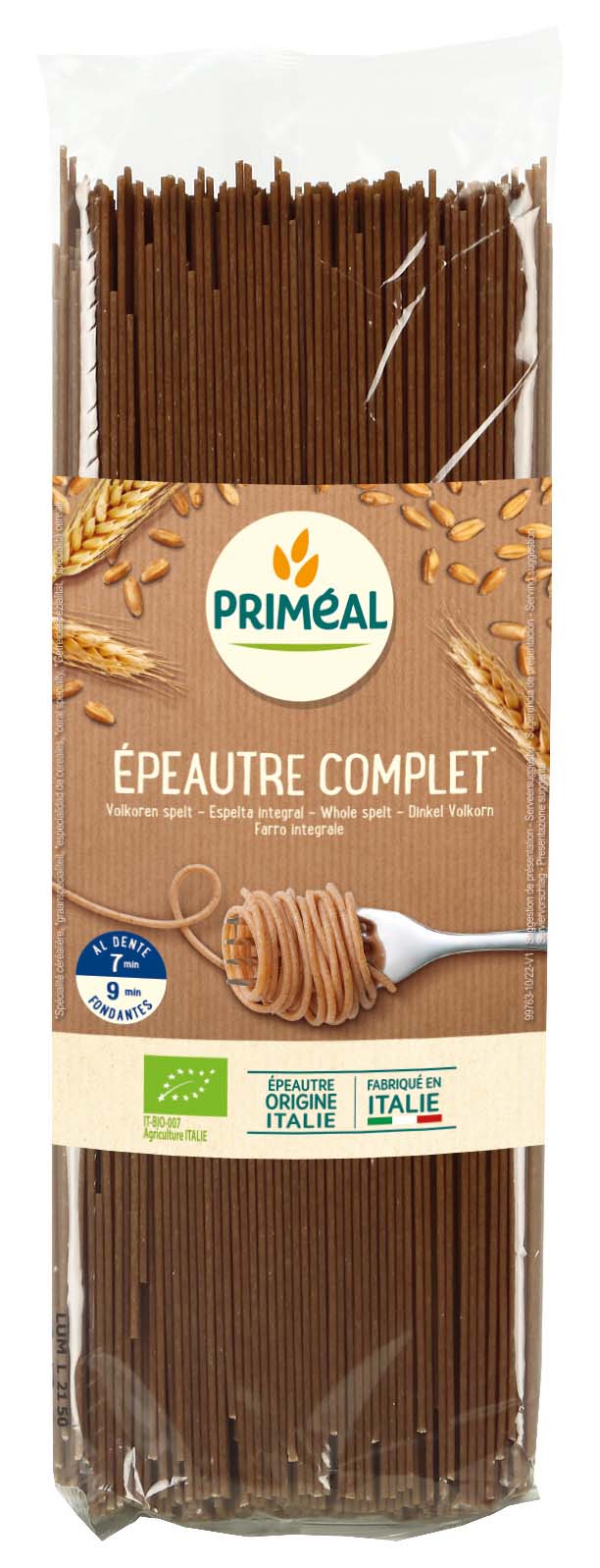 Primeal organic whole spelt spaghetti in 500g package, pasta and rice product with uncooked spelt noodles on a white background.