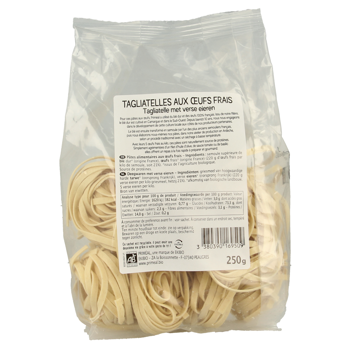 Primeal Tagliatelle pasta with fresh organic eggs, 250g, made from natural ingredients in a traditional pasta shape.