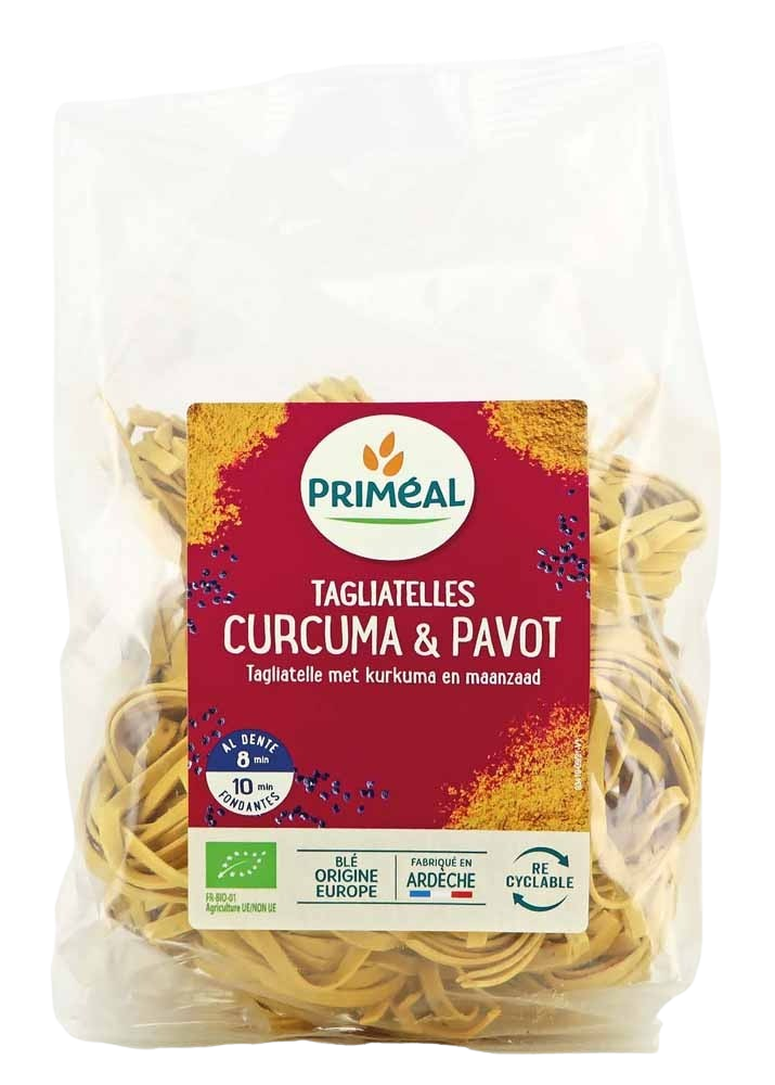 Primeal turmeric and poppy seed tagliatelle pasta in 250g package, showcasing fresh, colorful pasta with visible turmeric and poppy seeds.