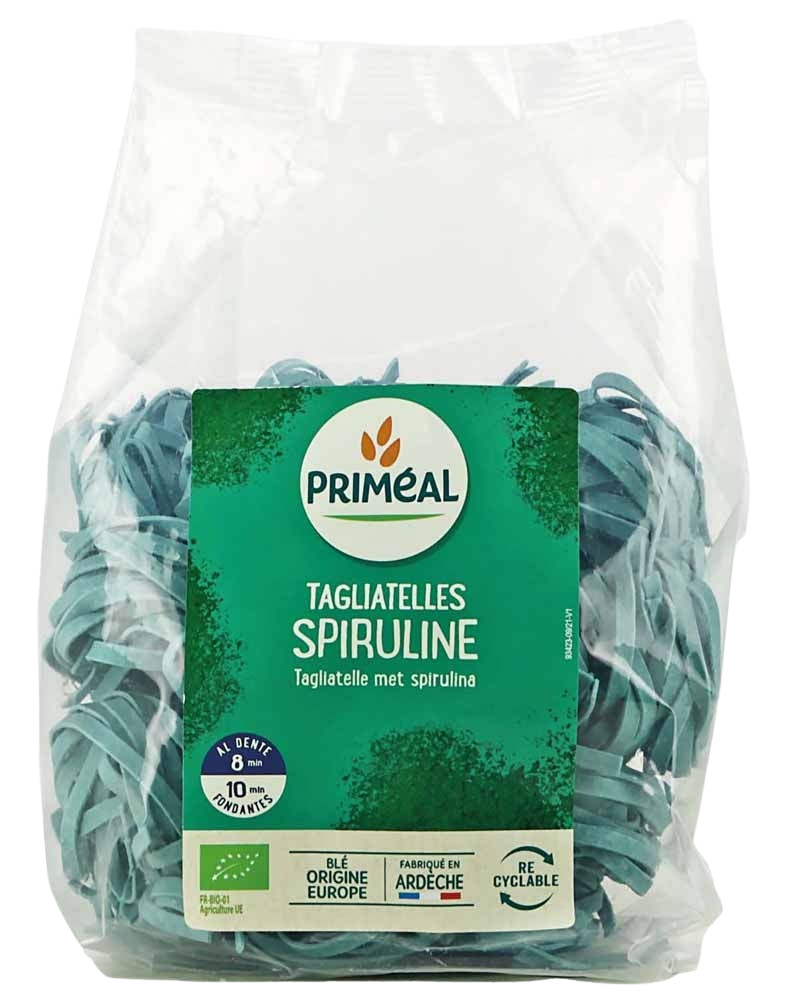 Primeal organic spirulina tagliatelle rice pasta in 250g package, shown in a close-up image.