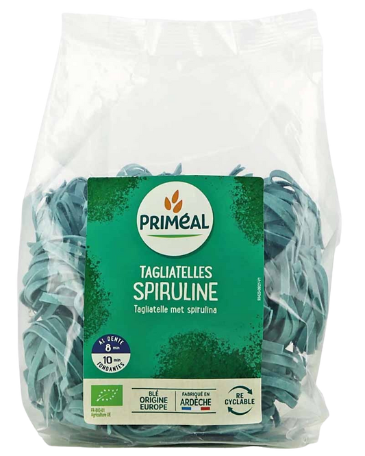 Primeal organic spirulina tagliatelle rice pasta in 250g package, shown in a close-up image.