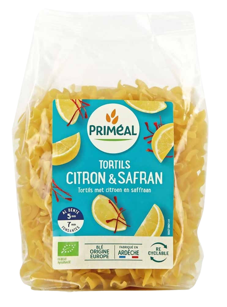 Primeal bio fusilli tortils with lemon and saffron, 250g, perfect for making pizza or wraps, natural and flavorful.