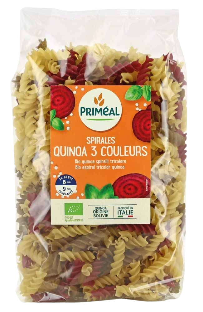 Primeal Organic fusilli pasta with three-color wheat and quinoa, 500 grams, in a clear bowl showing vibrant, multicolored pasta shapes.